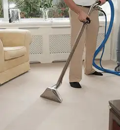 Professional carpet cleaner using a hot-water extraction wand and hose machine in a living room in Lakeland, FL.